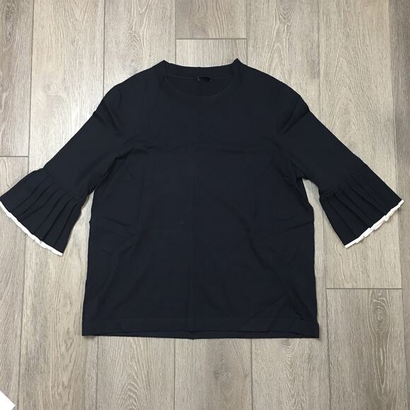 COS Pleated Ruffle Sleeve Top Navy Size Large Fine knit White Contrast - Picture 2 of 9